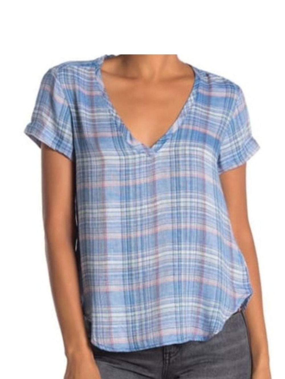 Cloth & Stone T Shirt Womens Small Blue Multi Plaid Short Sleeve V Neck Drop Cut
